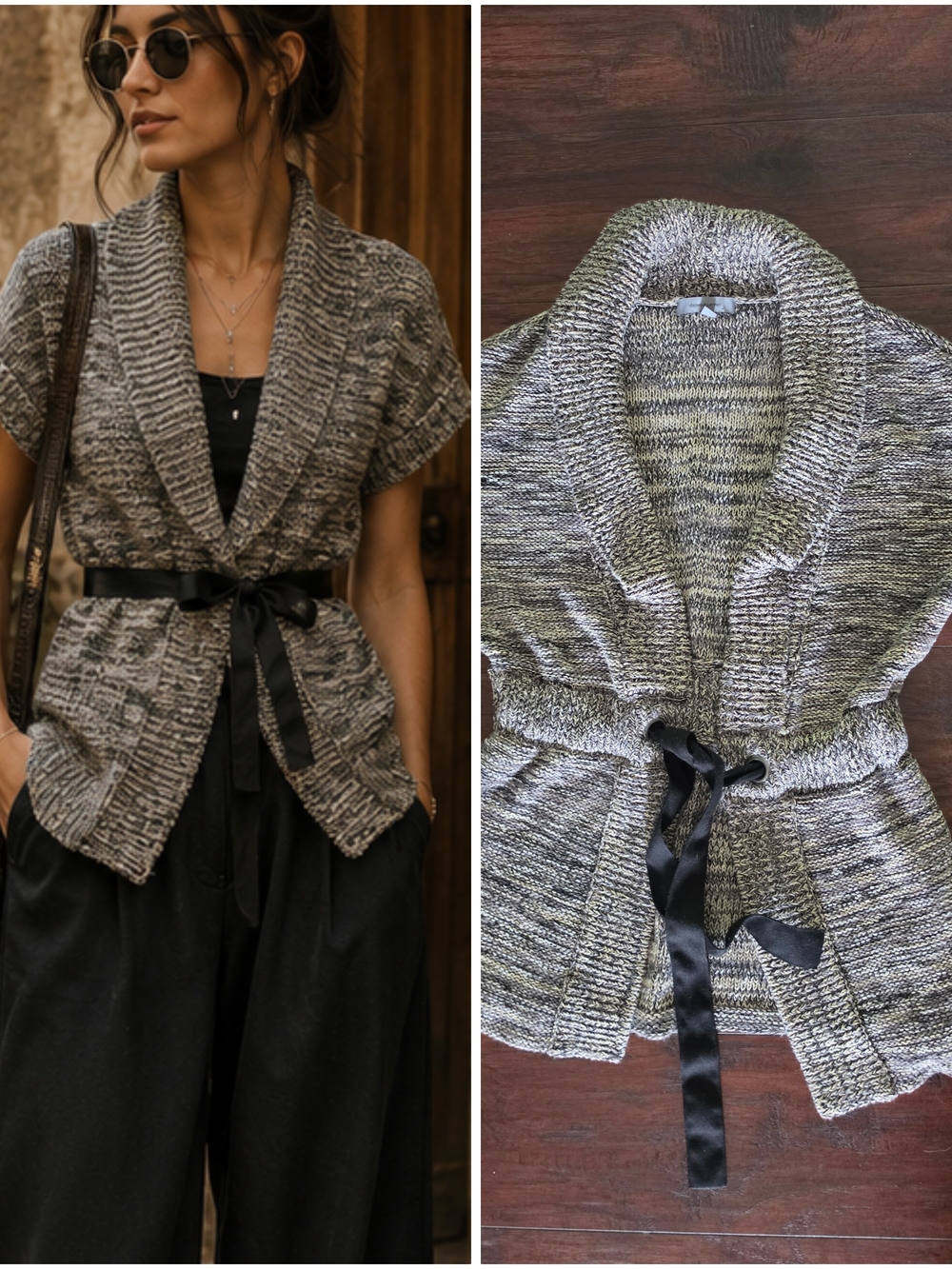 Classiques Entier Marled Gray Shawl-Collar Short-Sleeve Cardigan with Satin Tie